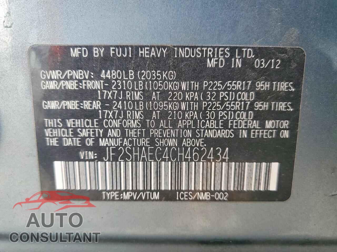 SUBARU FORESTER 2012 - JF2SHAEC4CH462434