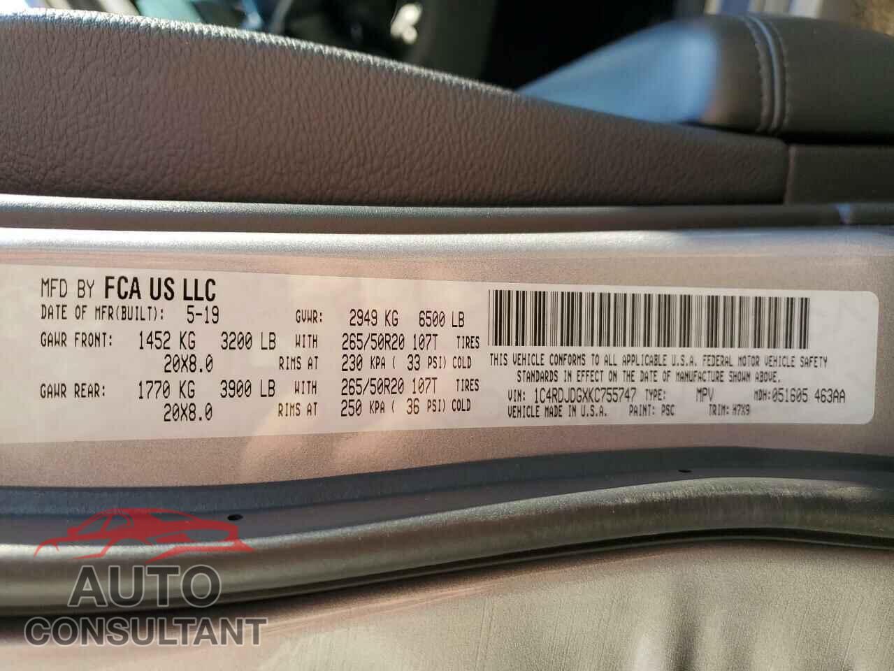 DODGE DURANGO 2019 - 1C4RDJDGXKC755747