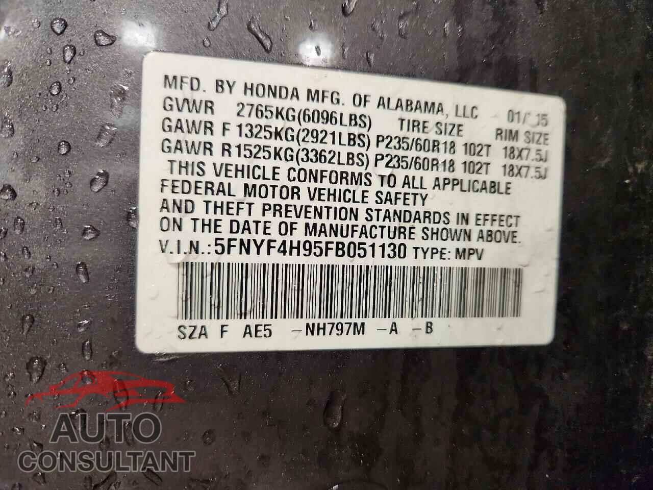 HONDA PILOT 2015 - 5FNYF4H95FB051130