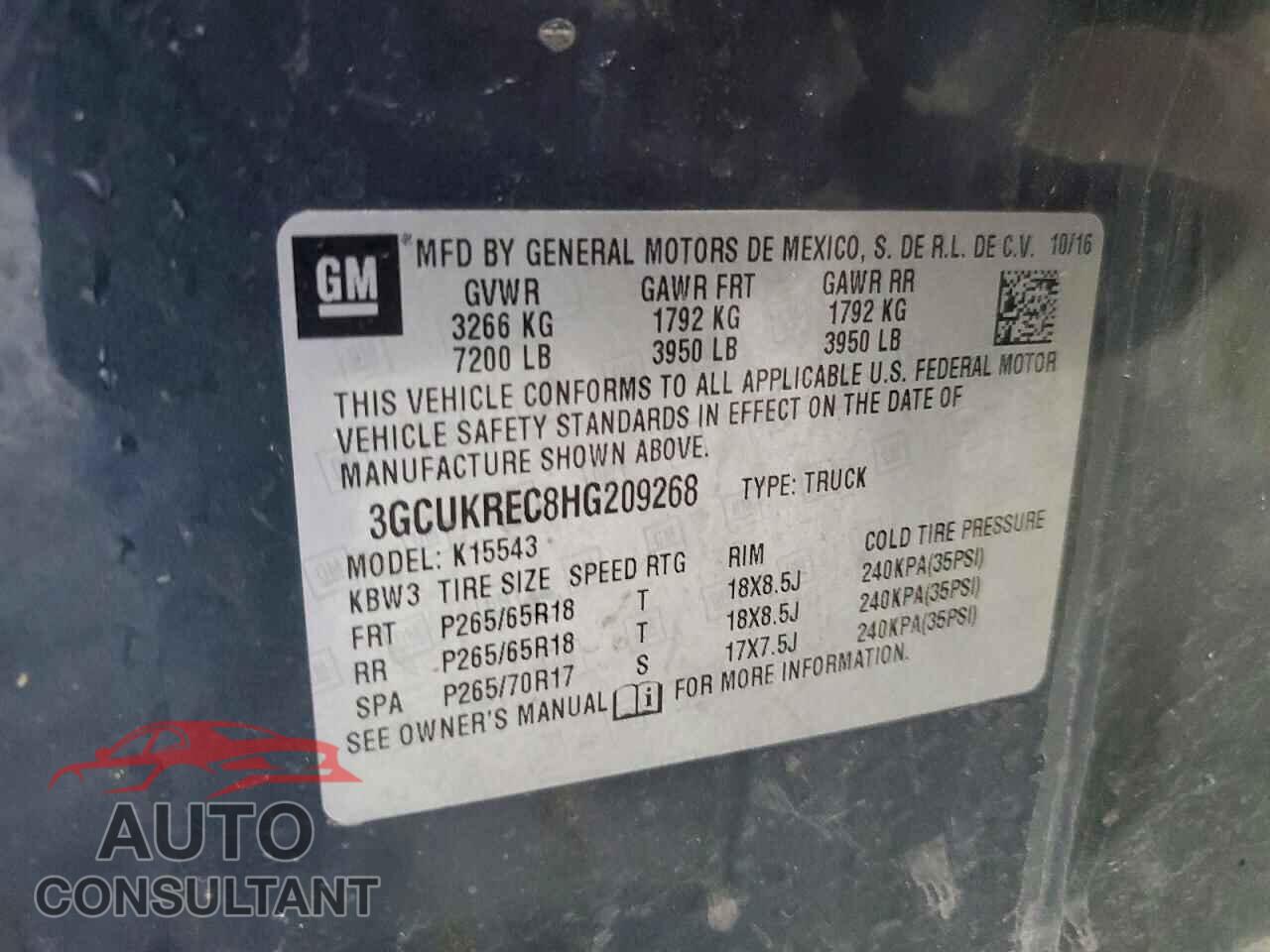 CHEVROLET SILVERADO 2017 - 3GCUKREC8HG209268