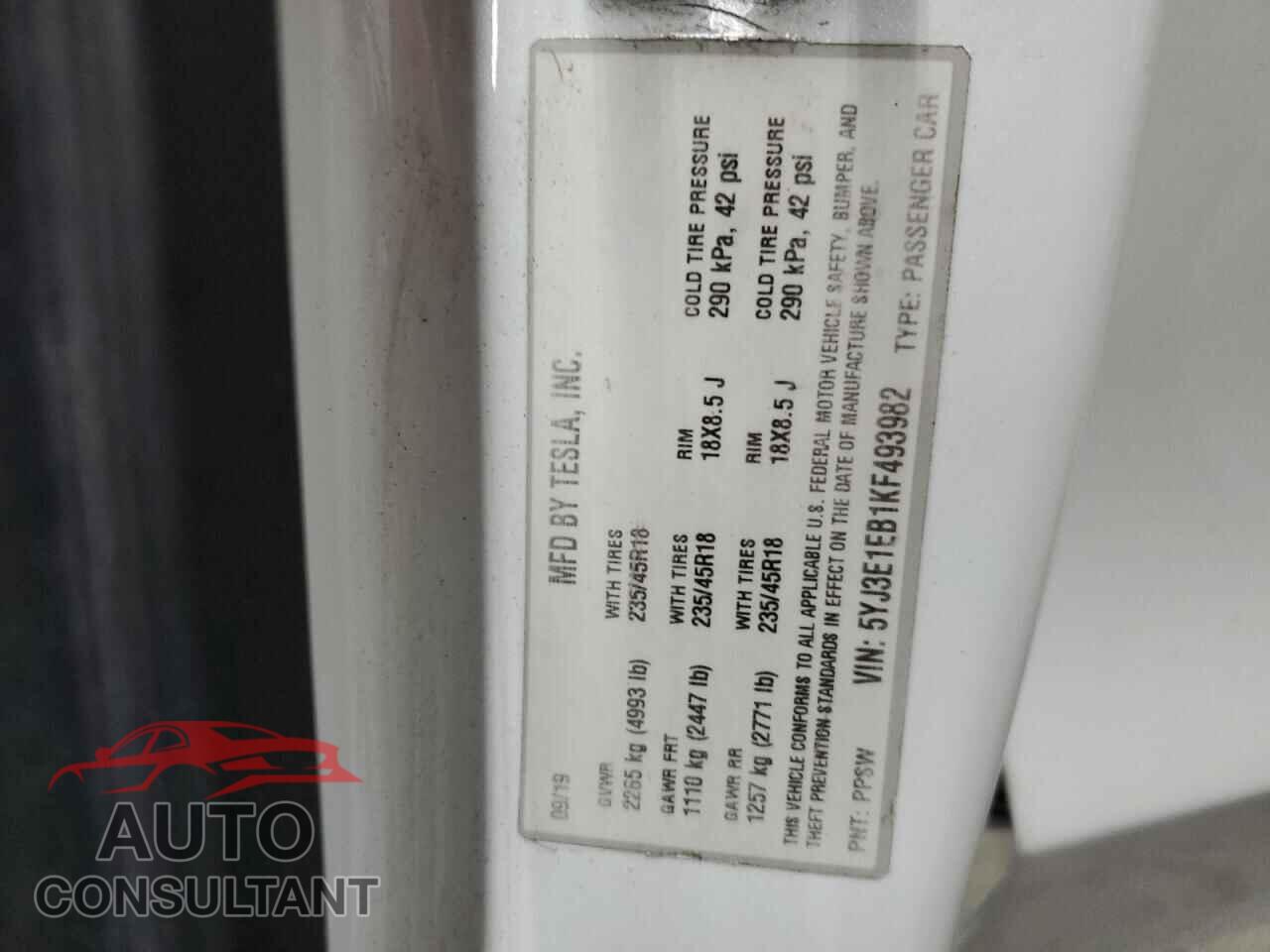 TESLA MODEL 3 2019 - 5YJ3E1EB1KF493982