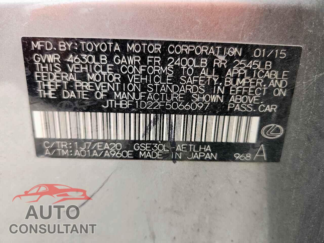 LEXUS IS 2015 - JTHBF1D22F5066097