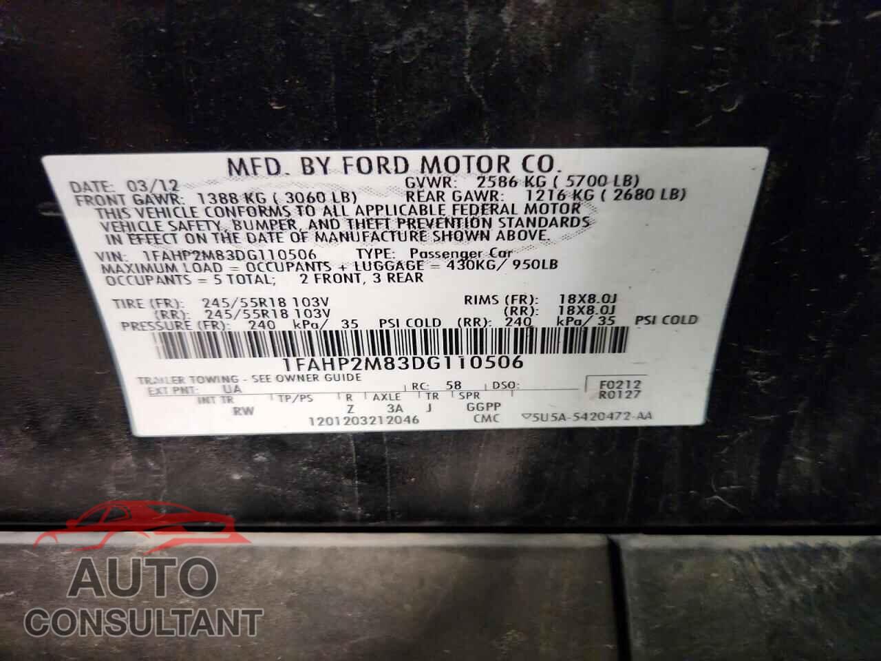 FORD TAURUS 2013 - 1FAHP2M83DG110506