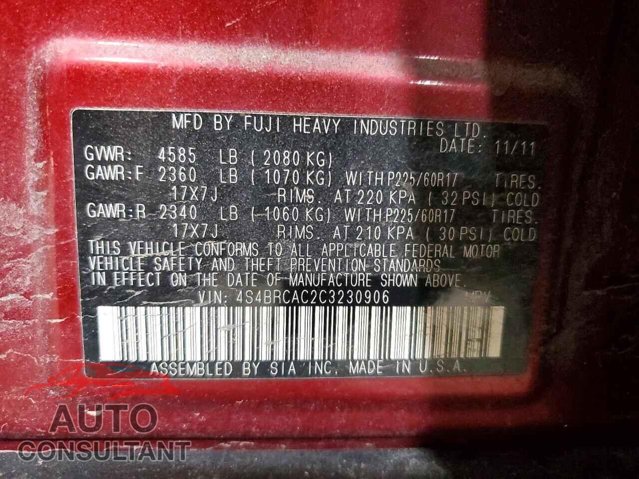 SUBARU OUTBACK 2012 - 4S4BRCAC2C3230906
