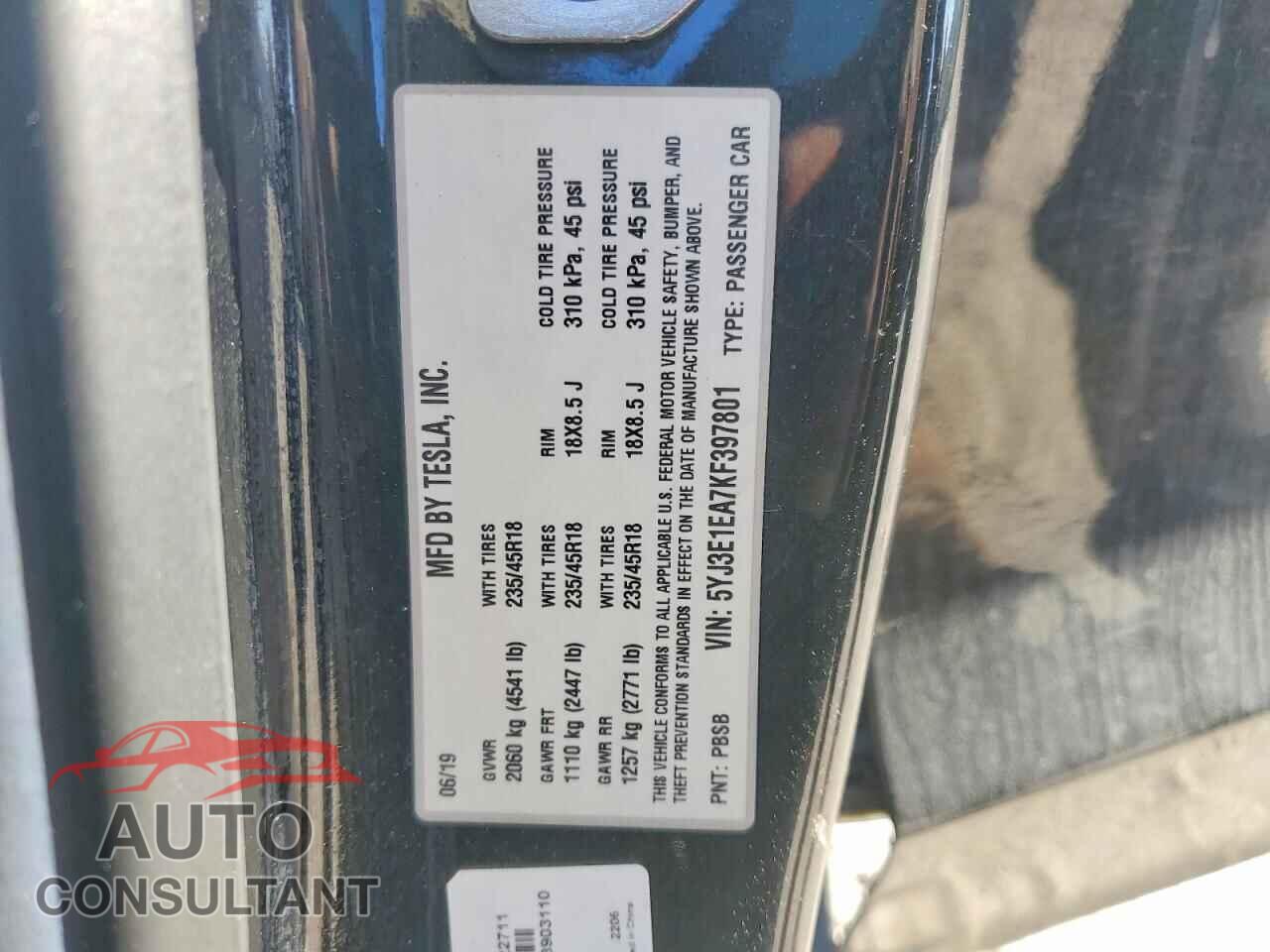 TESLA MODEL 3 2019 - 5YJ3E1EA7KF397801