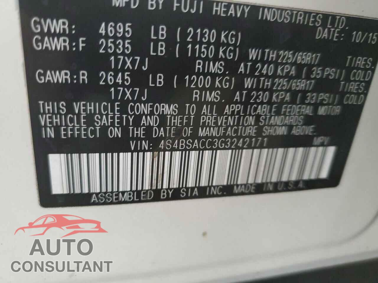SUBARU OUTBACK 2016 - 4S4BSACC3G3242171
