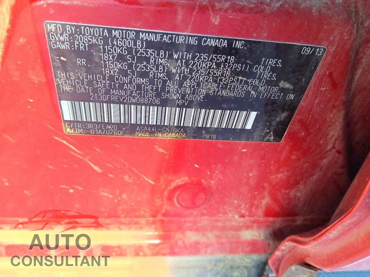 TOYOTA RAV4 2013 - 2T3DFREV2DW088706