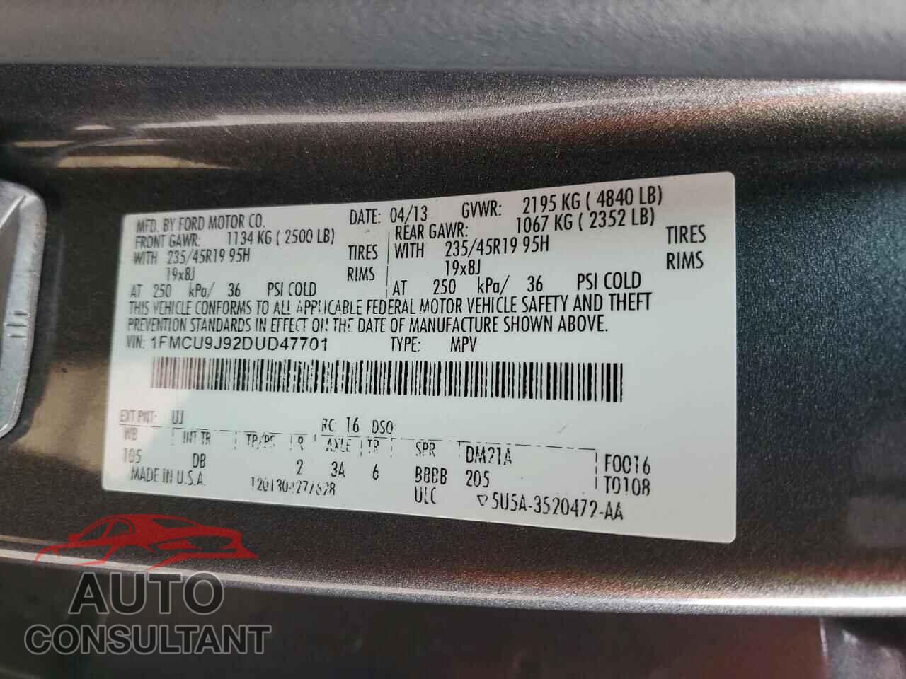 FORD ESCAPE 2013 - 1FMCU9J92DUD47701
