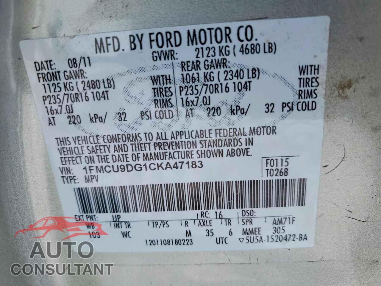 FORD ESCAPE 2012 - 1FMCU9DG1CKA47183