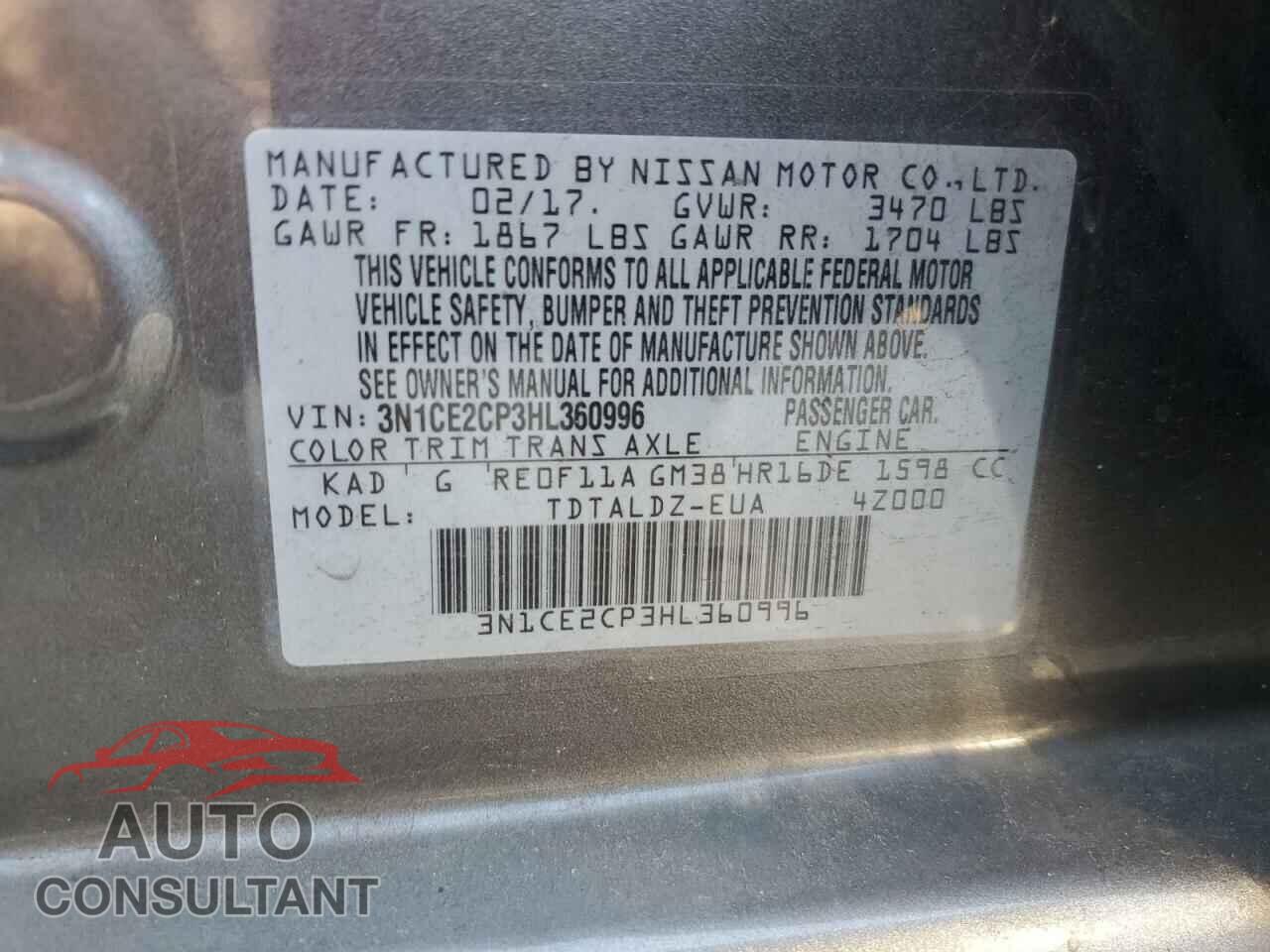 NISSAN VERSA 2017 - 3N1CE2CP3HL360996