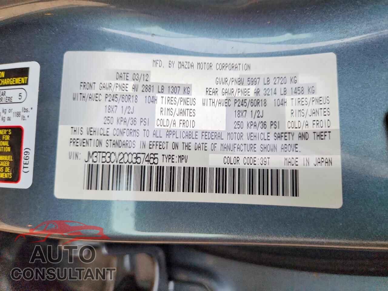 MAZDA CX-9 2012 - JM3TB3CV2C0357465