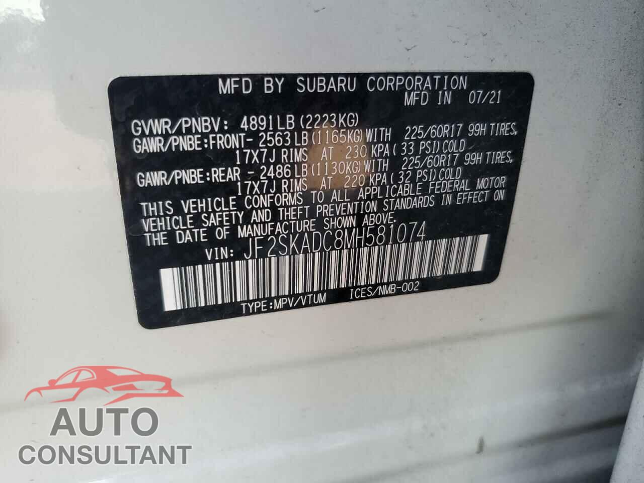 SUBARU FORESTER 2021 - JF2SKADC8MH581074
