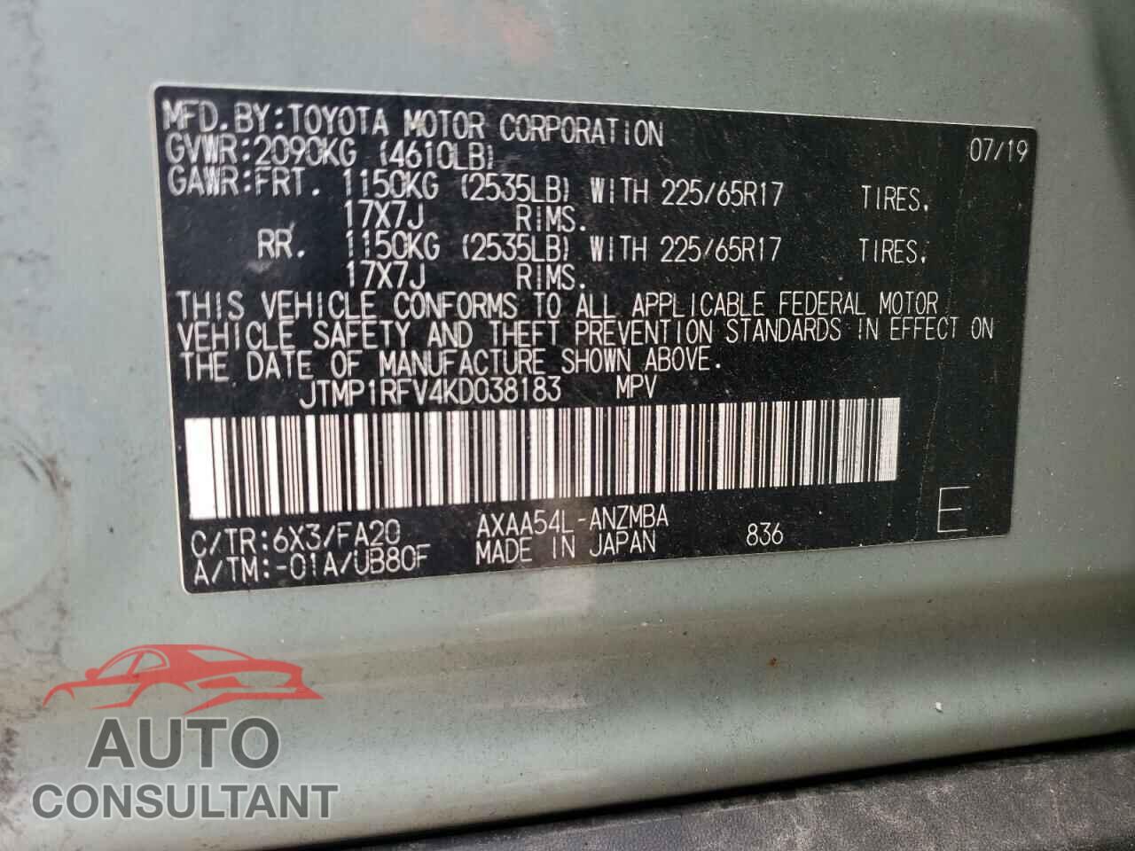 TOYOTA RAV4 2019 - JTMP1RFV4KD038183