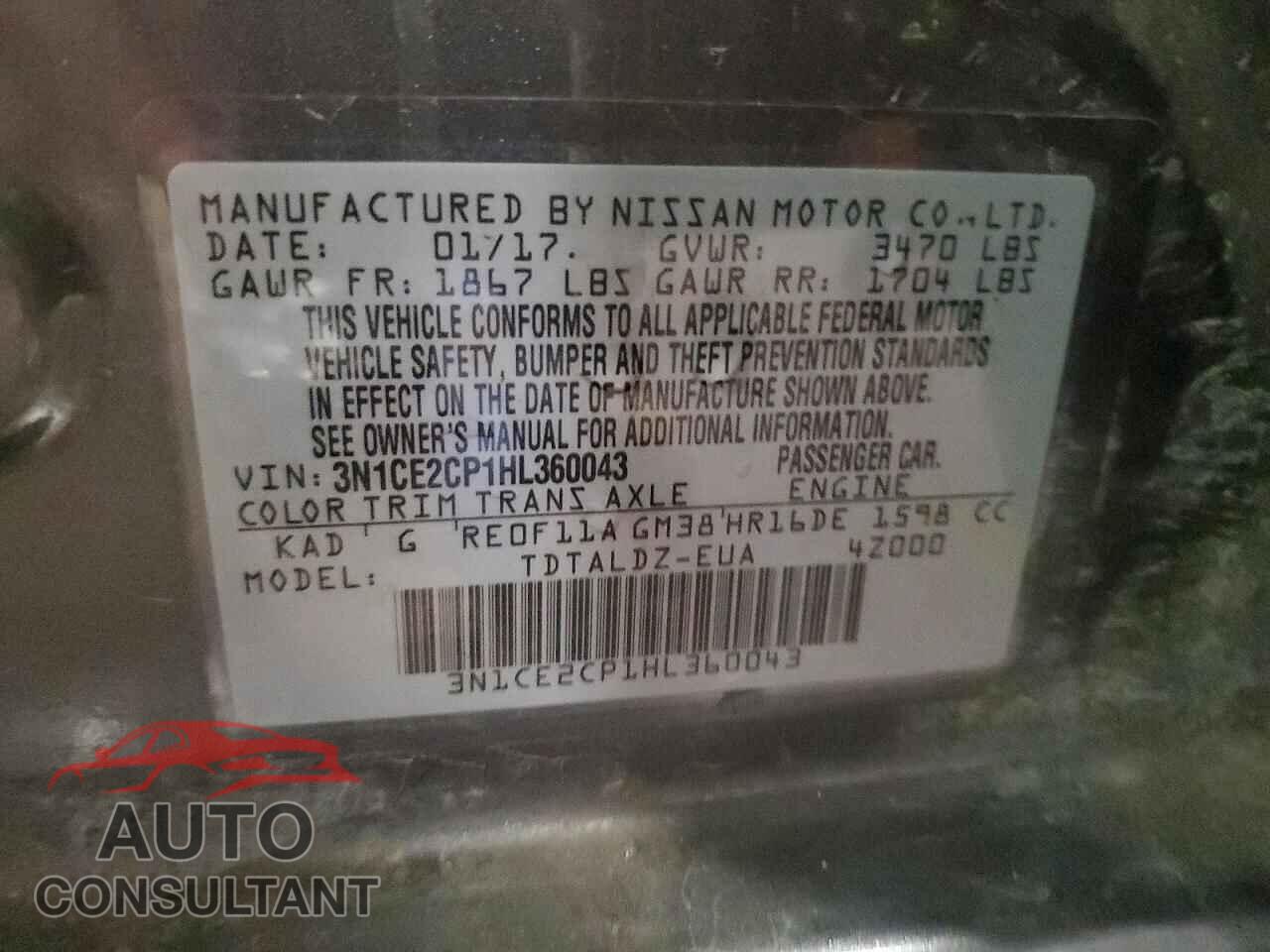 NISSAN VERSA NOTE 2017 - 3N1CE2CP1HL360043