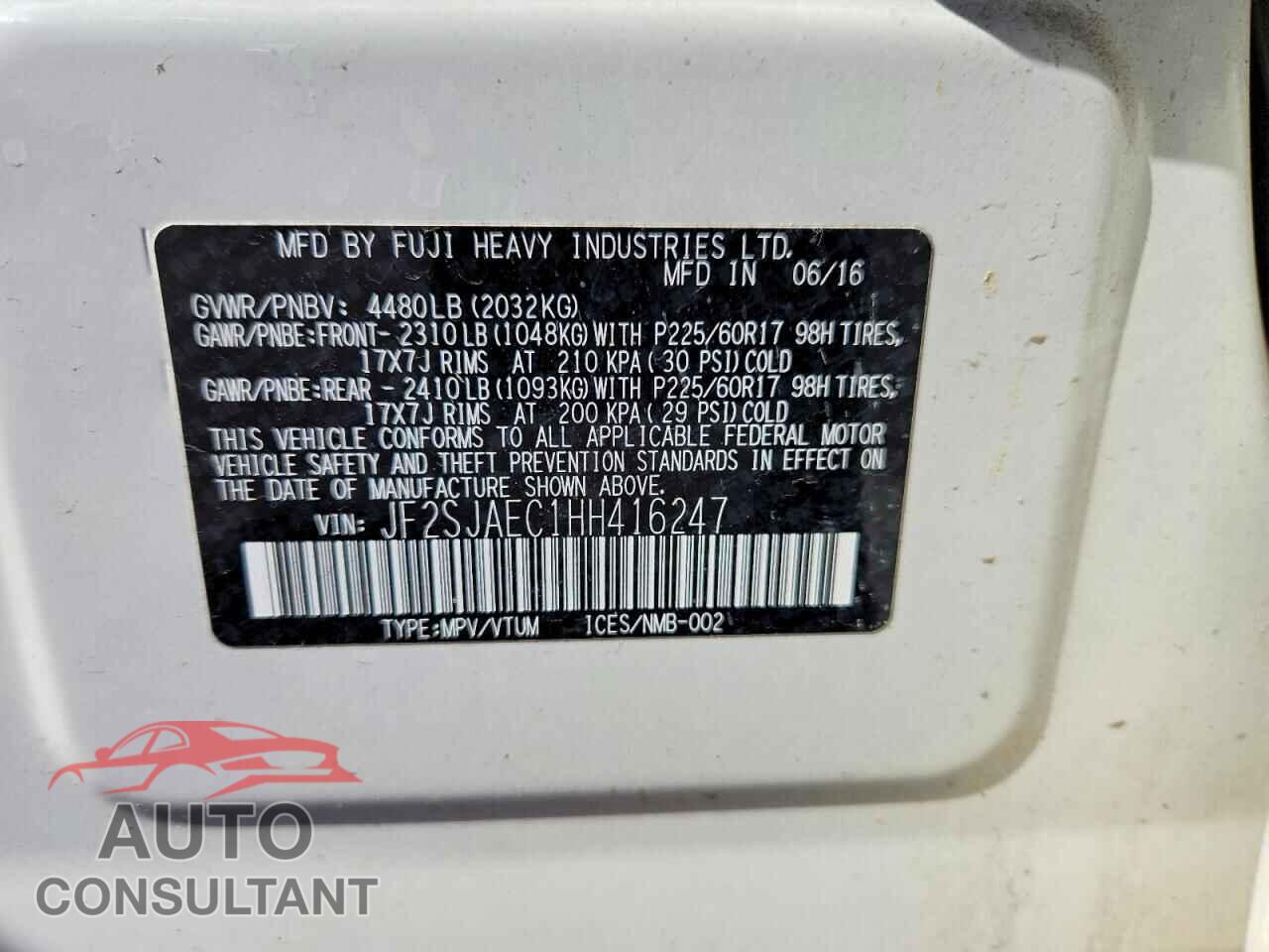 SUBARU FORESTER 2017 - JF2SJAEC1HH416247