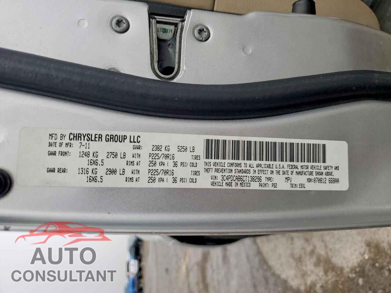 DODGE JOURNEY 2012 - 3C4PDCAB6CT138296