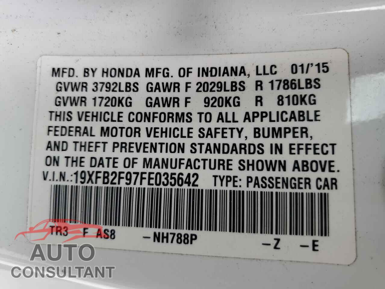 HONDA CIVIC 2015 - 19XFB2F97FE035642