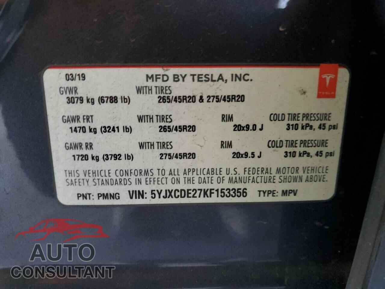 TESLA MODEL X 2019 - 5YJXCDE27KF153356