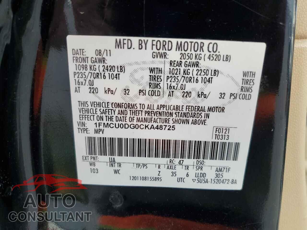 FORD ESCAPE 2012 - 1FMCU0DG0CKA48725