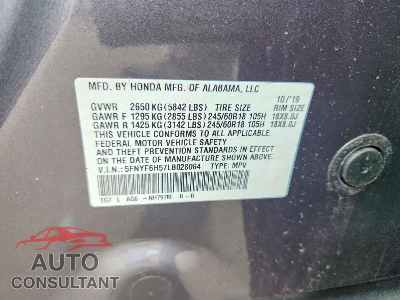 HONDA PILOT 2020 - 5FNYF6H57LB028064