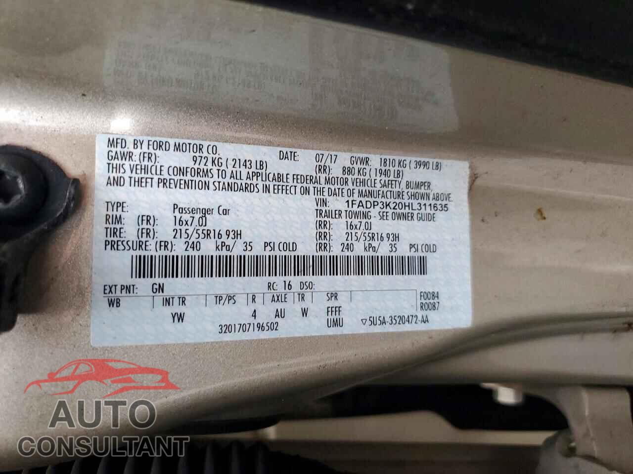 FORD FOCUS 2017 - 1FADP3K20HL311635