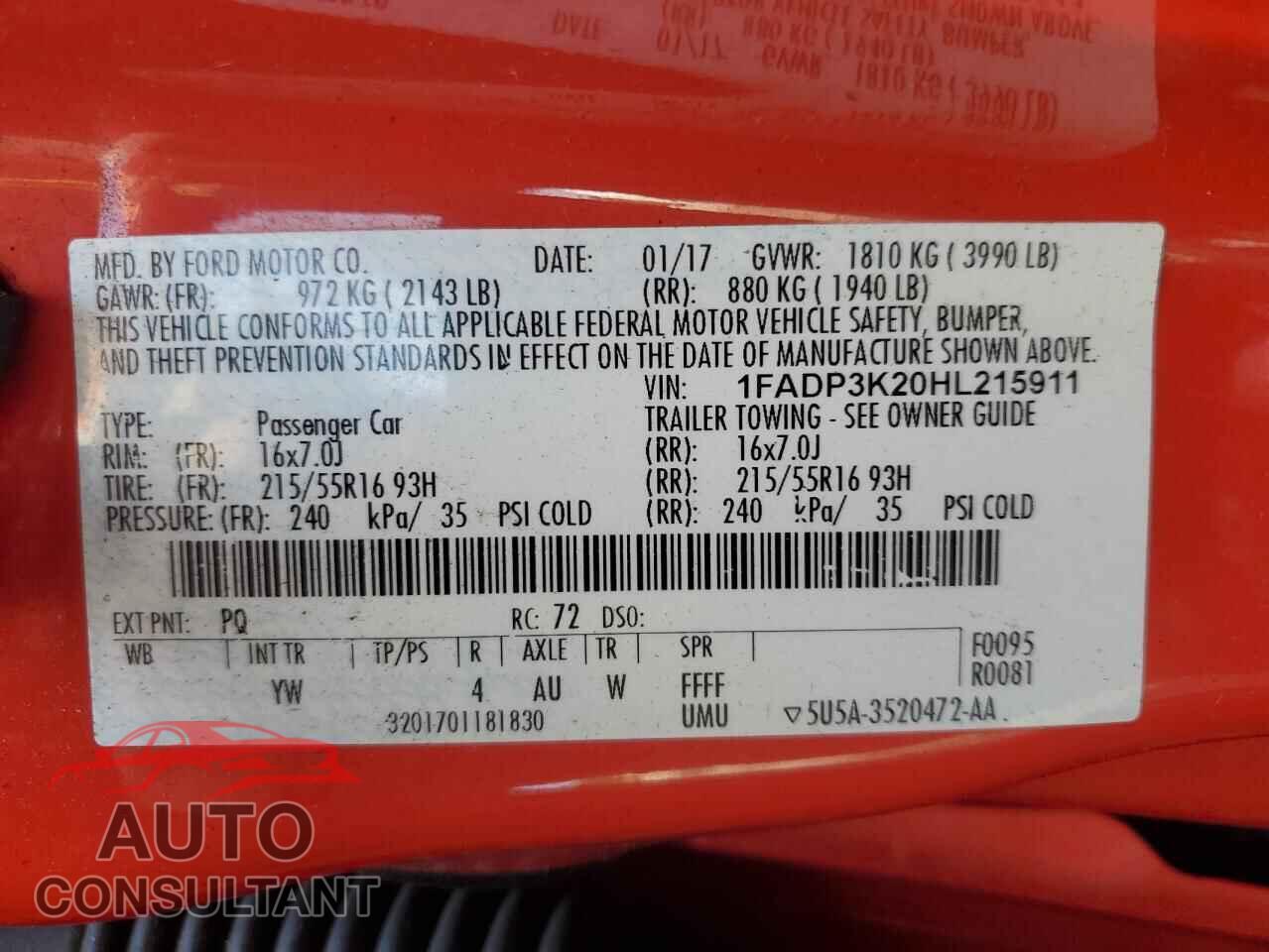 FORD FOCUS 2017 - 1FADP3K20HL215911