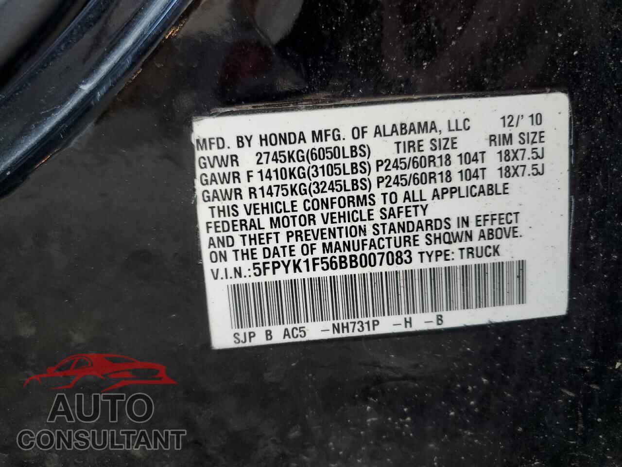 HONDA RIDGELINE 2011 - 5FPYK1F56BB007083