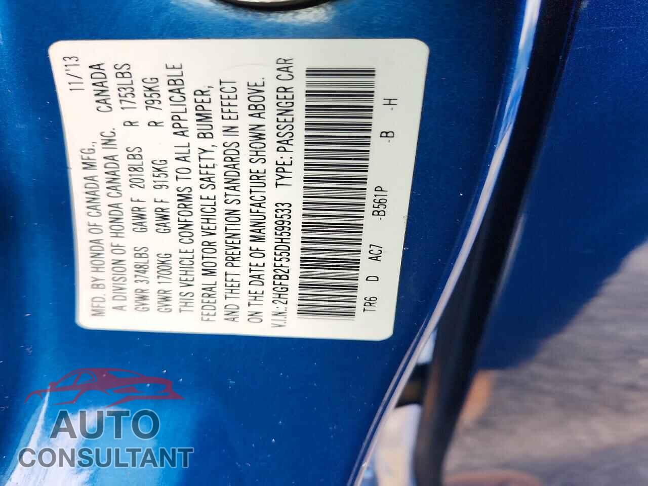 HONDA CIVIC 2013 - 2HGFB2F55DH599533