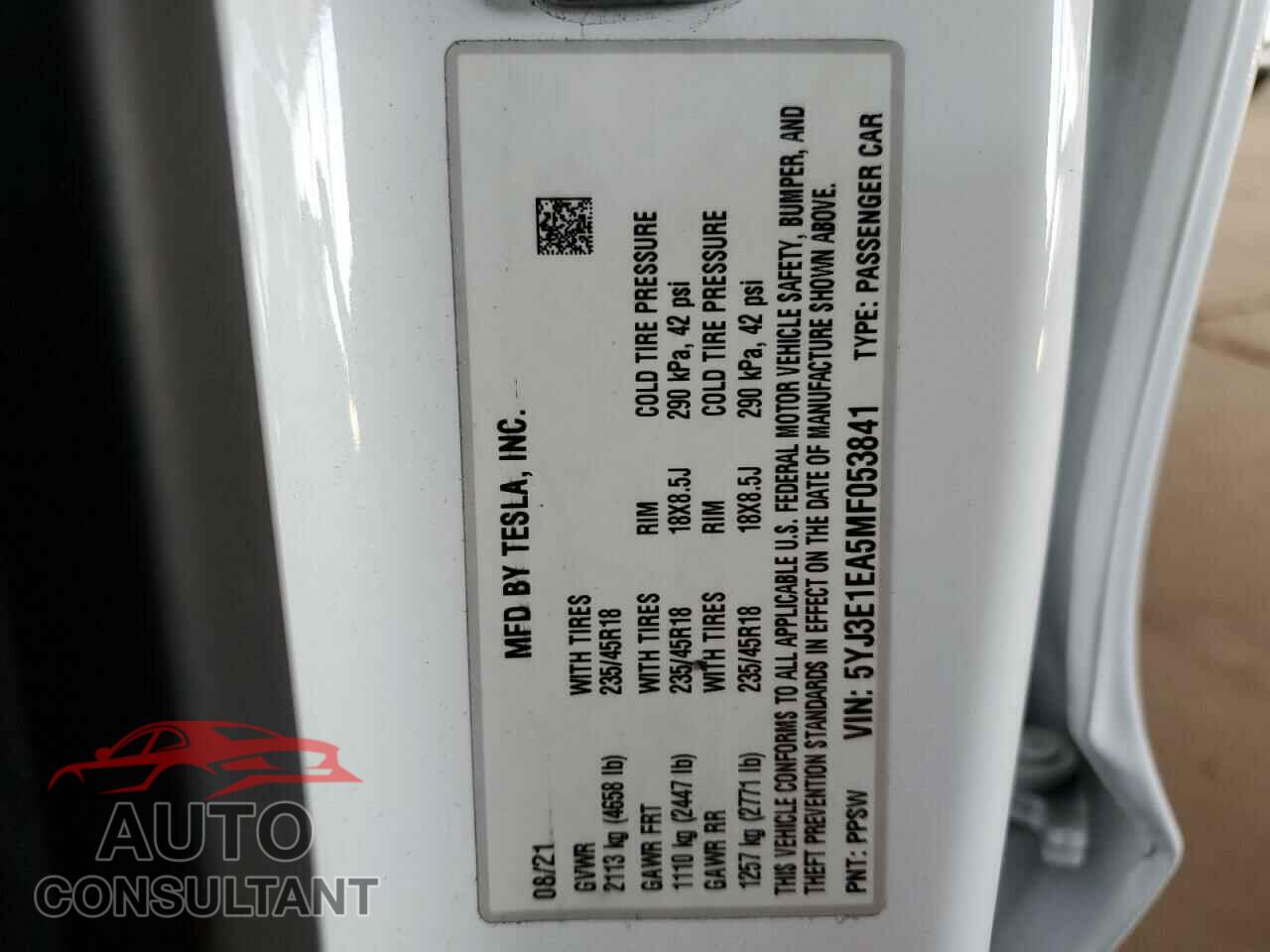 TESLA MODEL 3 2021 - 5YJ3E1EA5MF053841