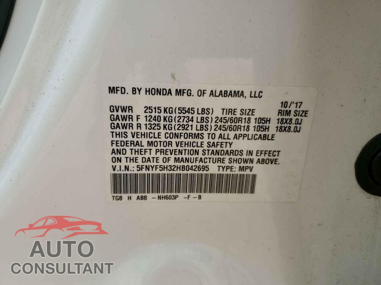 HONDA PILOT 2017 - 5FNYF5H32HB042695
