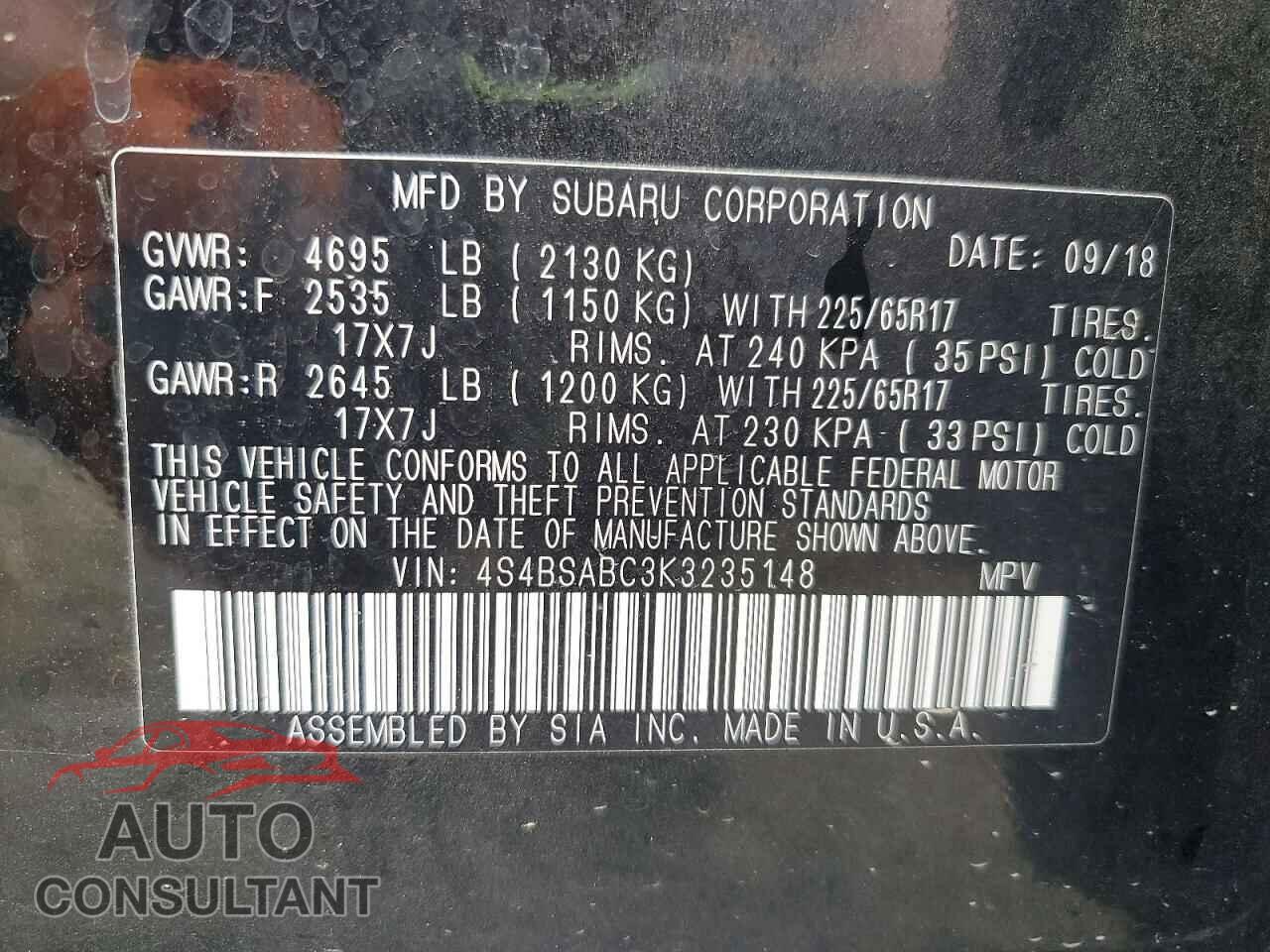 SUBARU OUTBACK 2019 - 4S4BSABC3K3235148