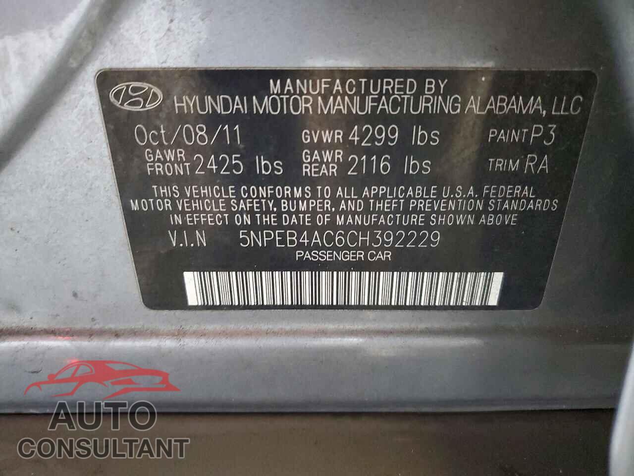 HYUNDAI SONATA 2012 - 5NPEB4AC6CH392229
