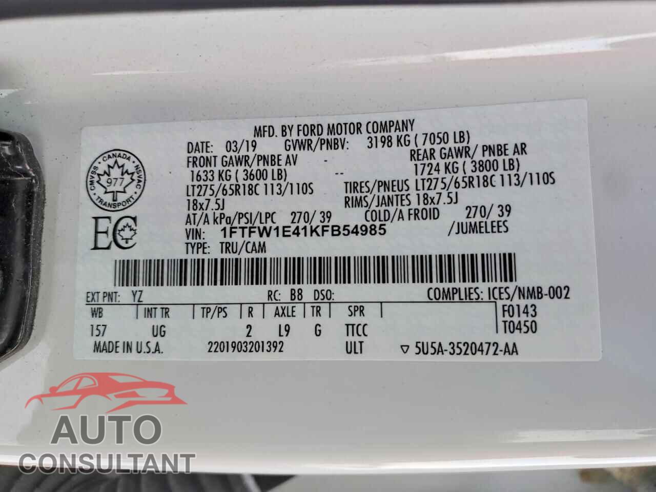 FORD F-150 2019 - 1FTFW1E41KFB54985