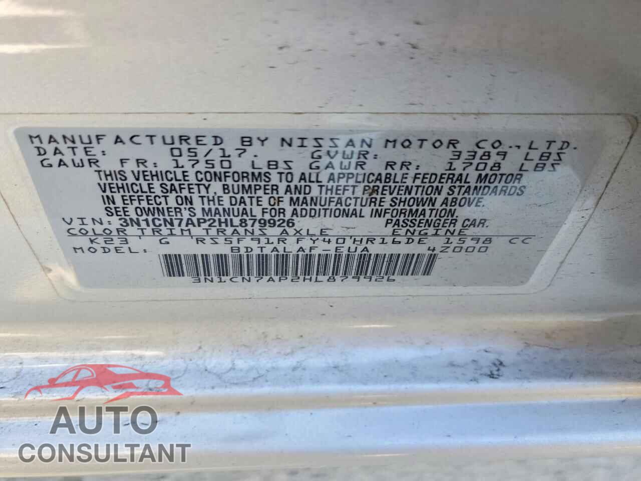 NISSAN VERSA 2017 - 3N1CN7AP2HL879926