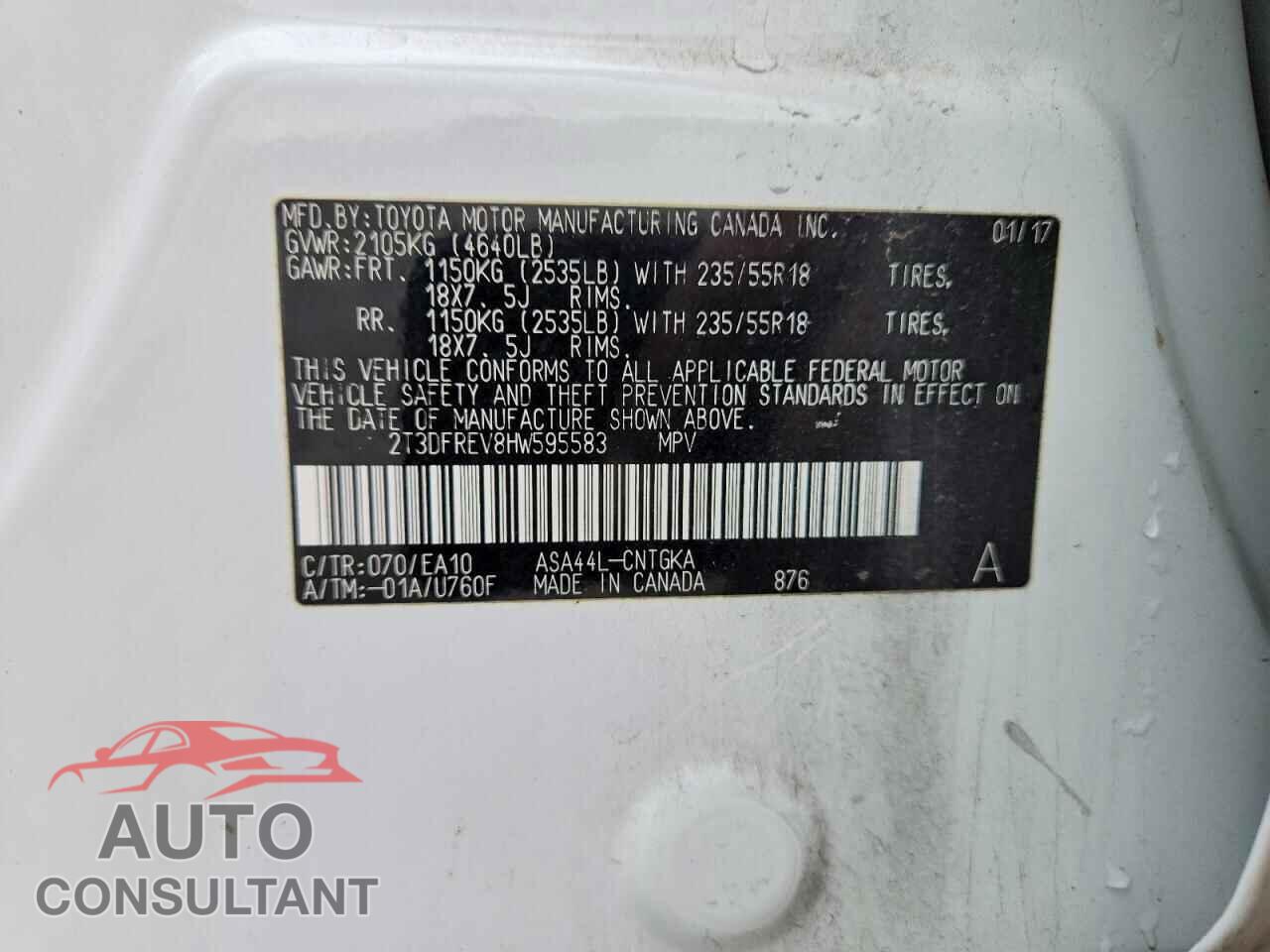 TOYOTA RAV4 2017 - 2T3DFREV8HW595583