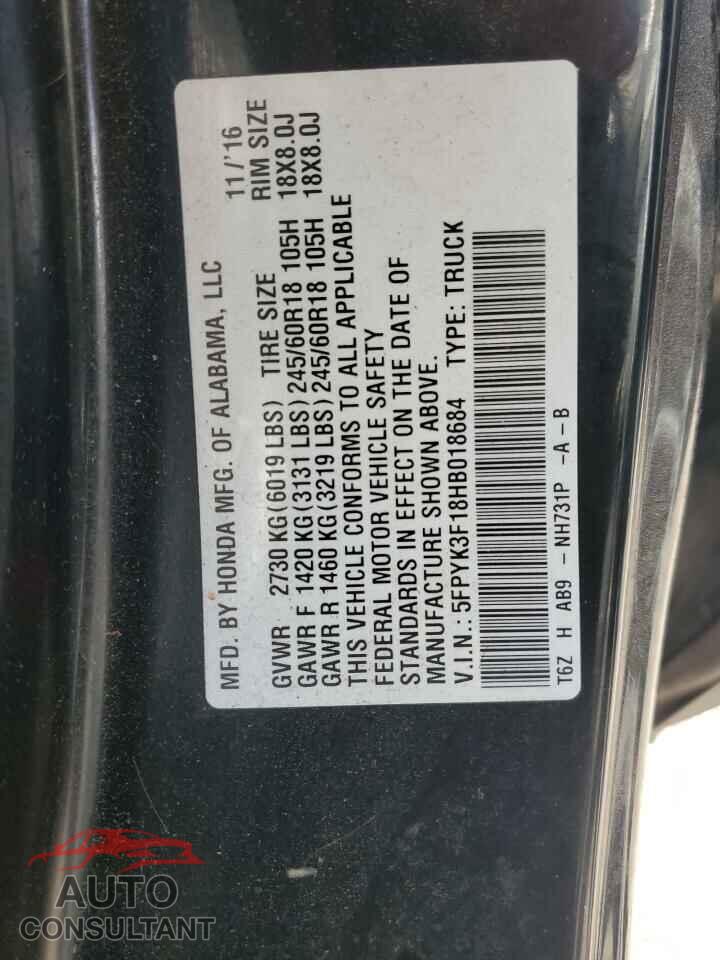 HONDA RIDGELINE 2017 - 5FPYK3F18HB018684