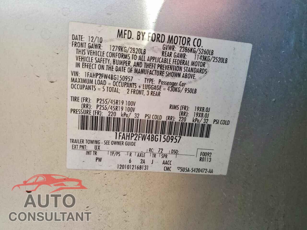 FORD TAURUS 2011 - 1FAHP2FW4BG150957