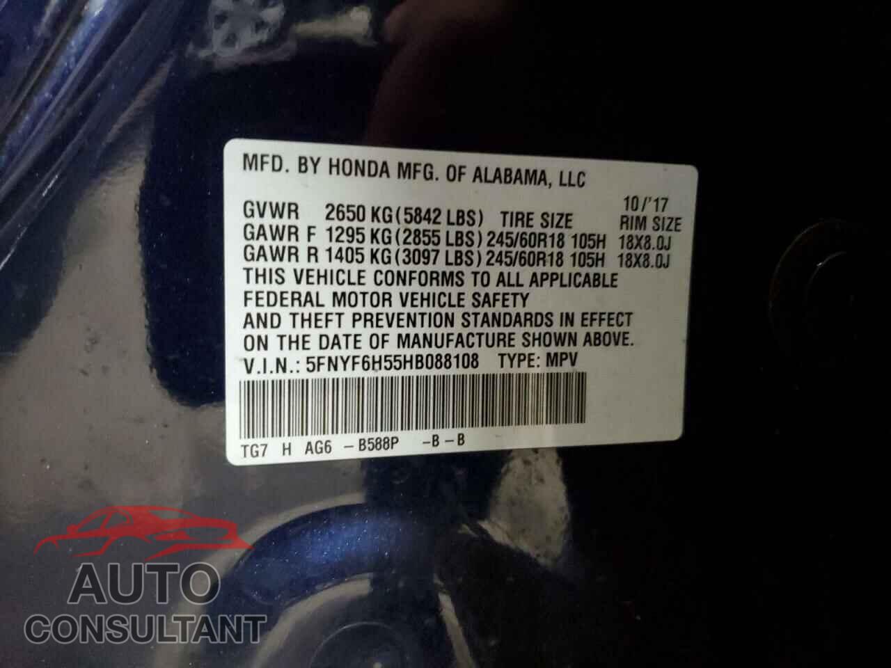 HONDA PILOT 2017 - 5FNYF6H55HB088108