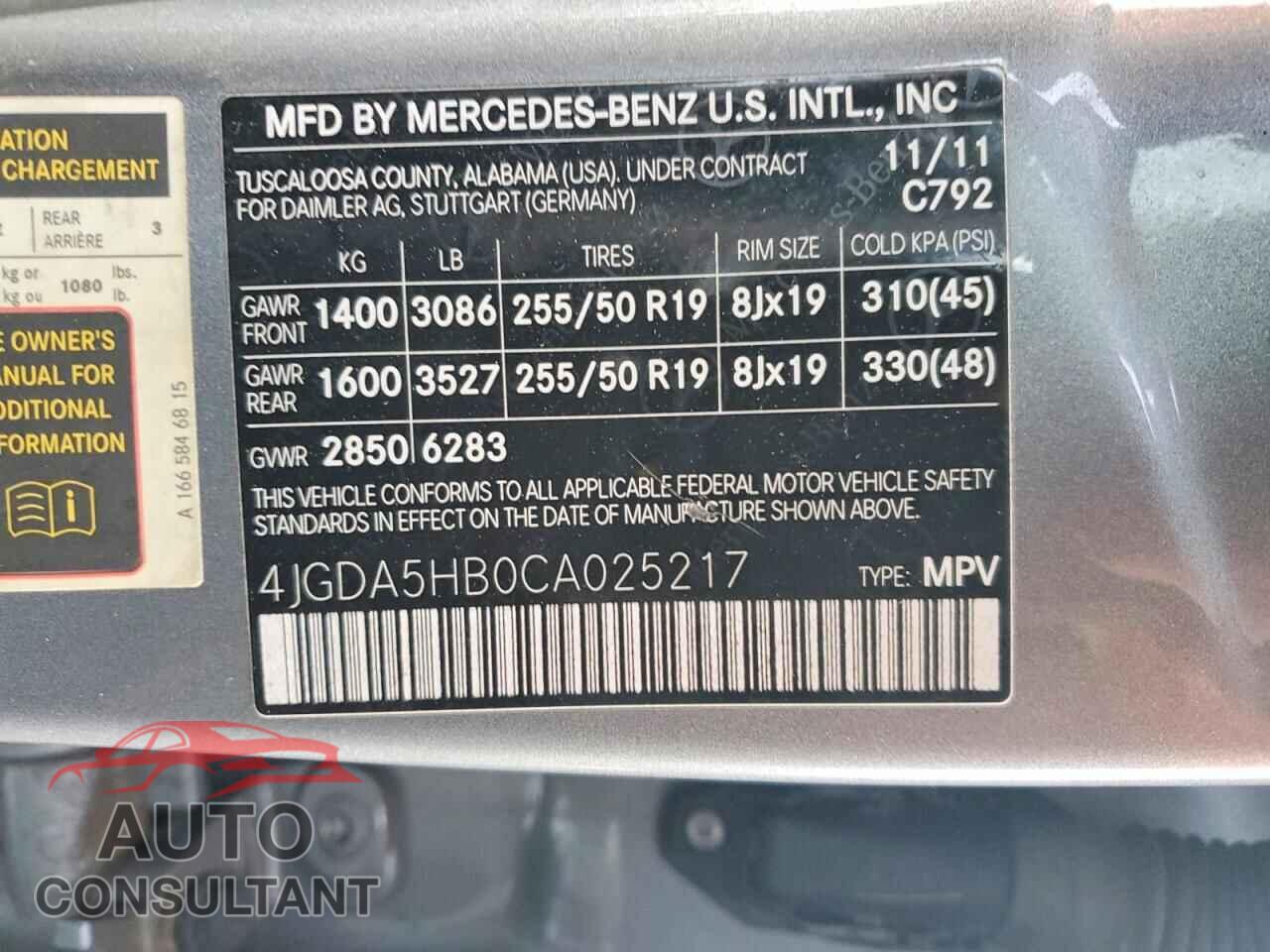 MERCEDES-BENZ M-CLASS 2012 - 4JGDA5HB0CA025217