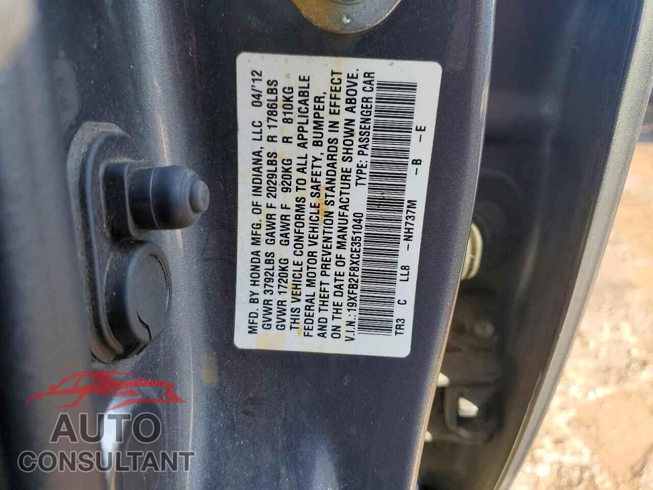 HONDA CIVIC 2012 - 19XFB2F8XCE351040