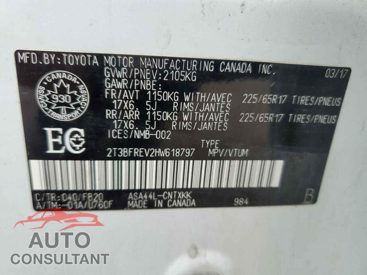 TOYOTA RAV4 2017 - 2T3BFREV2HW618797