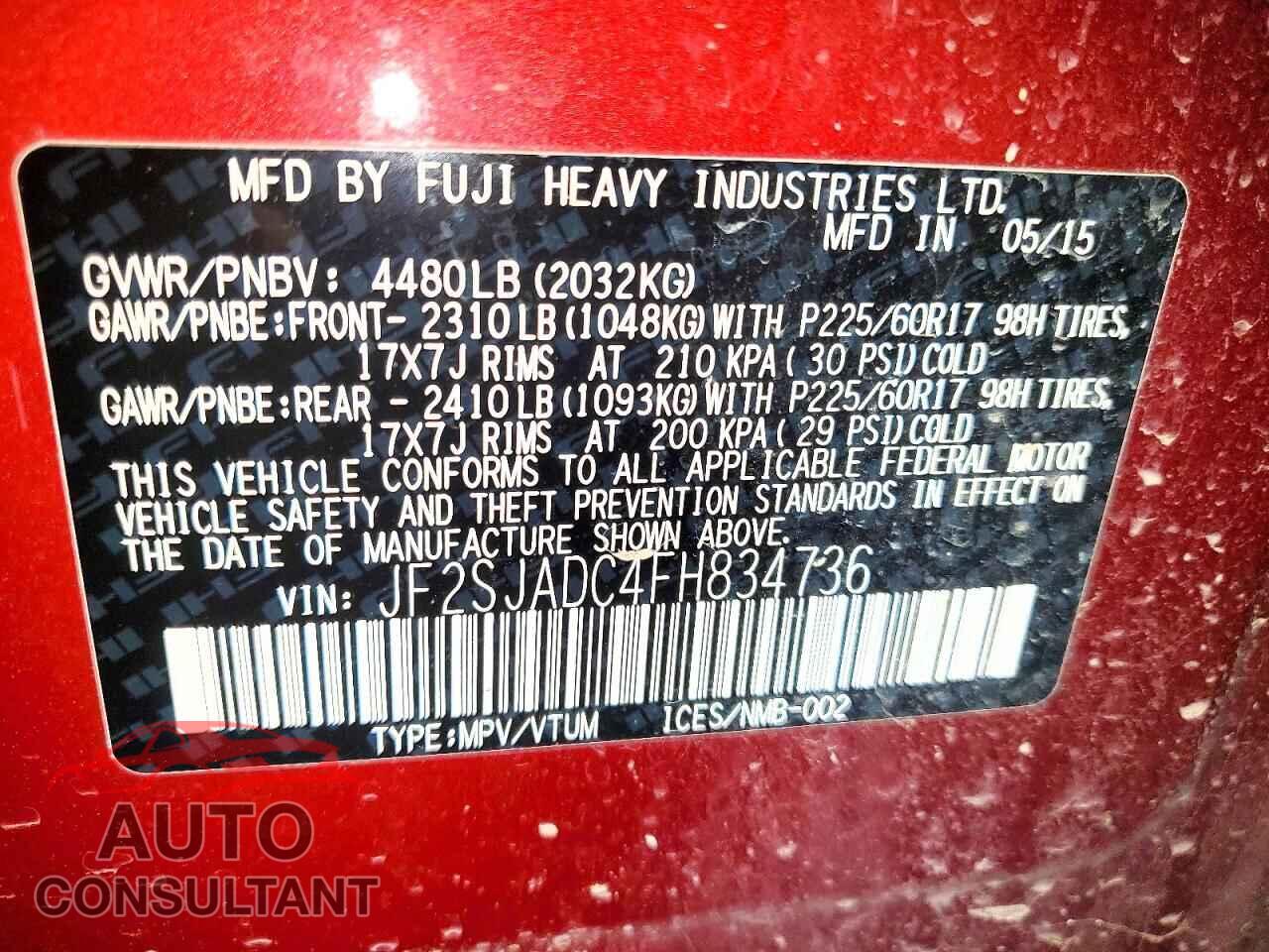 SUBARU FORESTER 2015 - JF2SJADC4FH834736