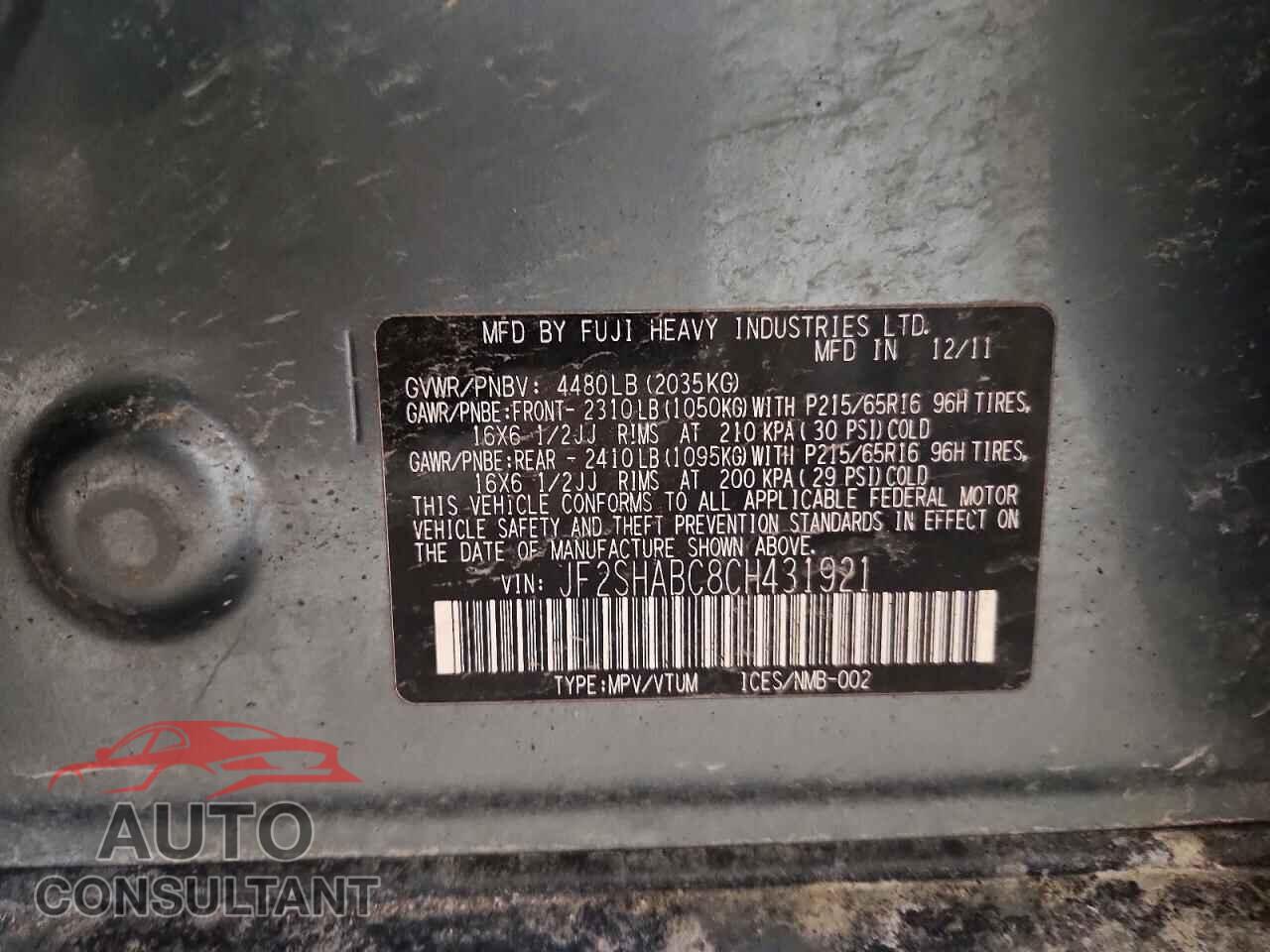 SUBARU FORESTER 2012 - JF2SHABC8CH431921
