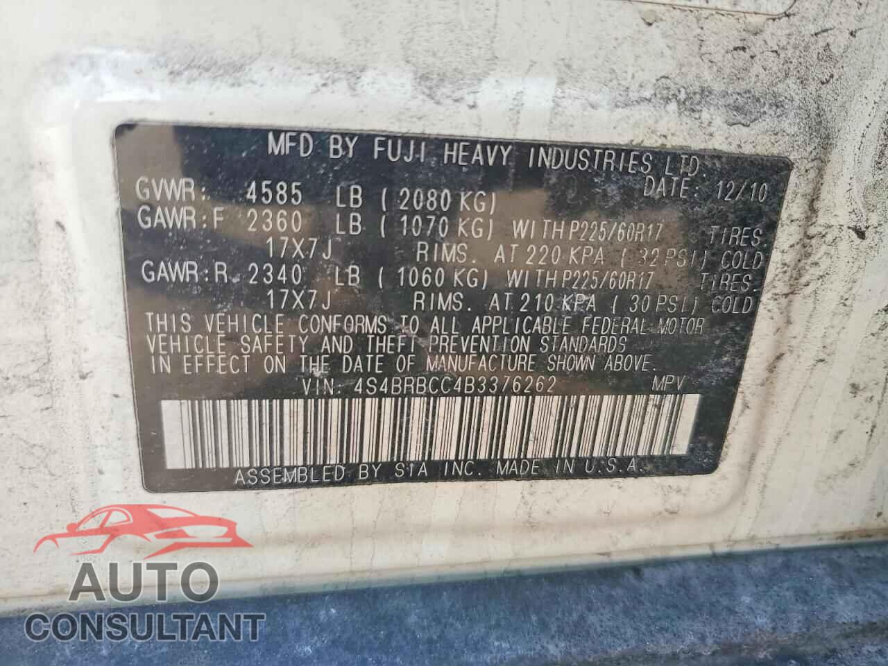 SUBARU OUTBACK 2011 - 4S4BRBCC4B3376262
