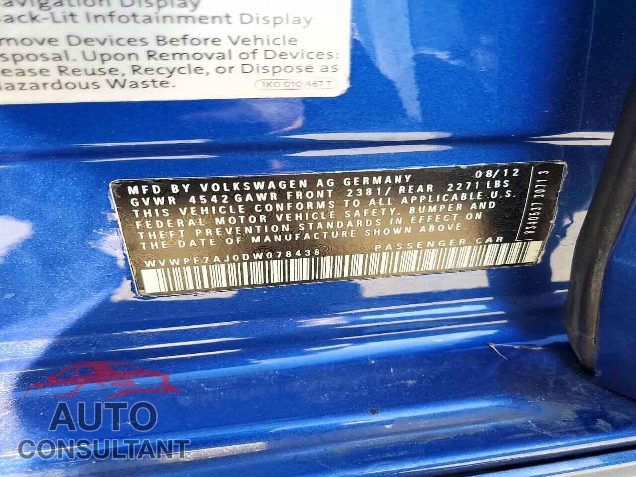 VOLKSWAGEN GOLF 2013 - WVWPF7AJ0DW078438