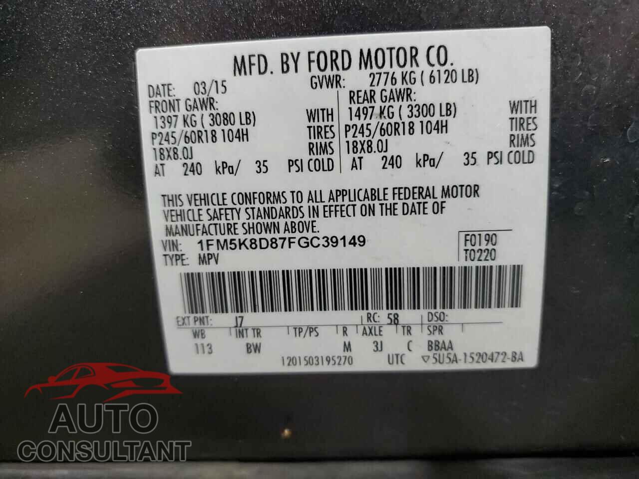 FORD EXPLORER 2015 - 1FM5K8D87FGC39149