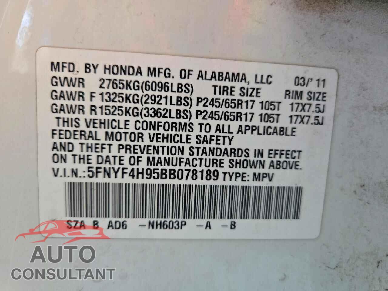 HONDA PILOT 2011 - 5FNYF4H95BB078189