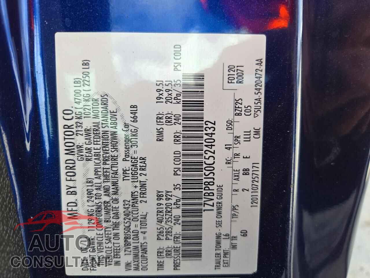 FORD MUSTANG 2012 - 1ZVBP8JS0C5240432