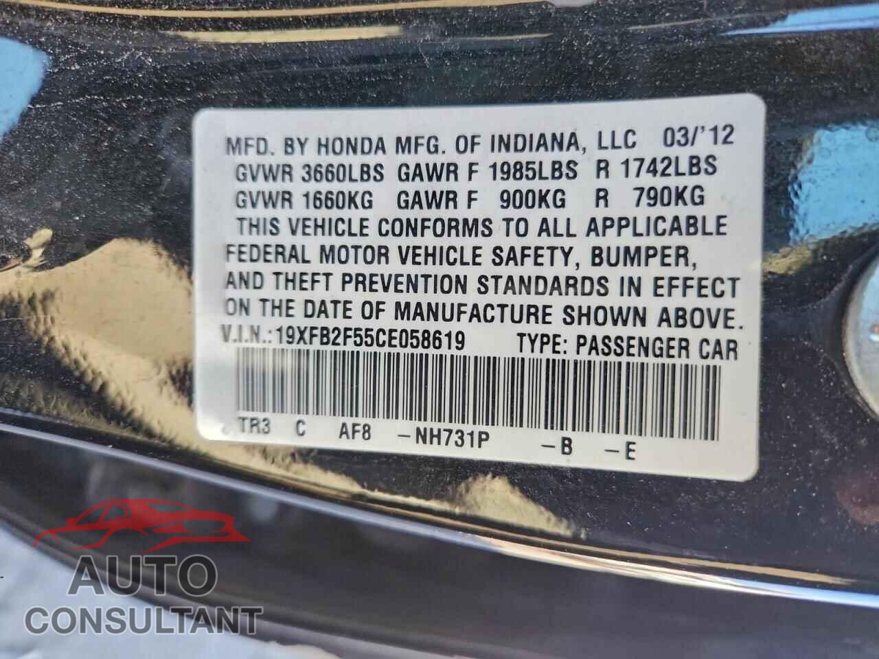 HONDA CIVIC 2012 - 19XFB2F55CE058619