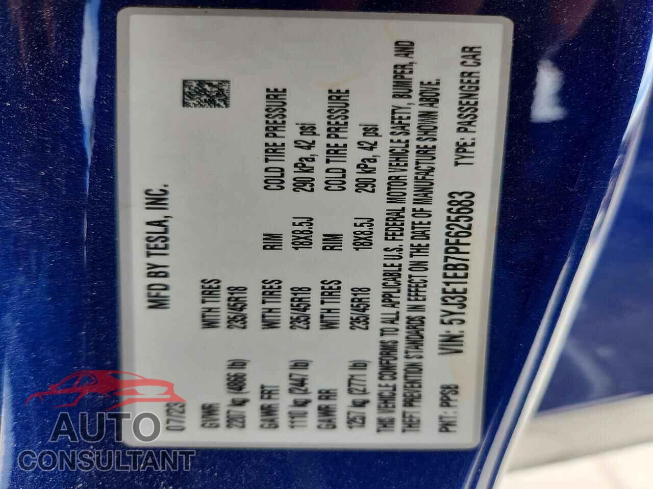 TESLA MODEL 3 2023 - 5YJ3E1EB7PF625683